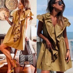 🦋 ZARA Bloggers Favorite Ruffle Poplin Mini Flounce Dress Olive Green